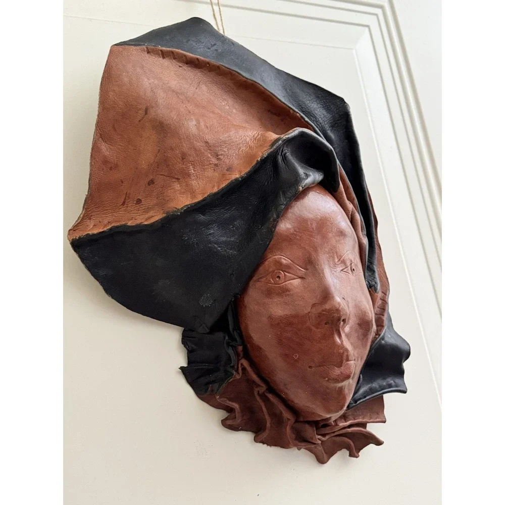 Vintage Africa Tribal‎ Leather Face Mask Hand Sculptured Decorative Wall Art